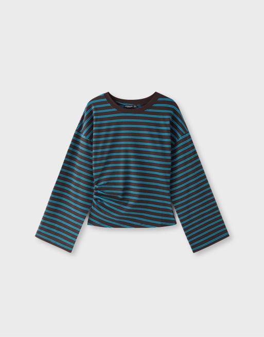 Stradivarius Long sleeve striped t-shirt with ruched waist in brown, 6 of 7