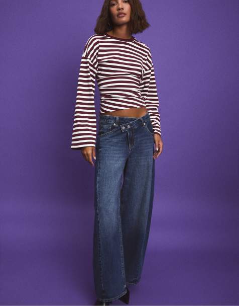 Stradivarius Long sleeve striped t-shirt with ruched waist in dark purple - view 1
