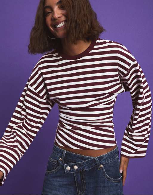Stradivarius Long sleeve striped t-shirt with ruched waist in dark purple, 2 of 7