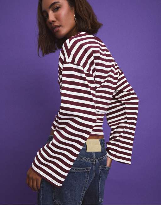 Stradivarius Long sleeve striped t-shirt with ruched waist in dark purple, 3 of 7