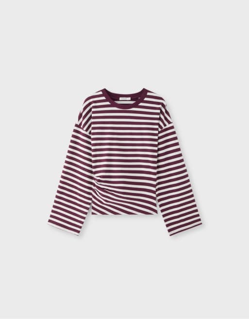Stradivarius Long sleeve striped t-shirt with ruched waist in dark purple, 6 of 7