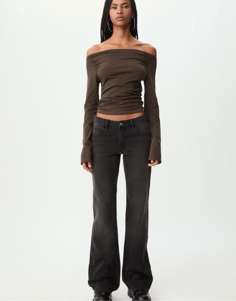 Stradivarius Long sleeve t-shirt with gathering in brown