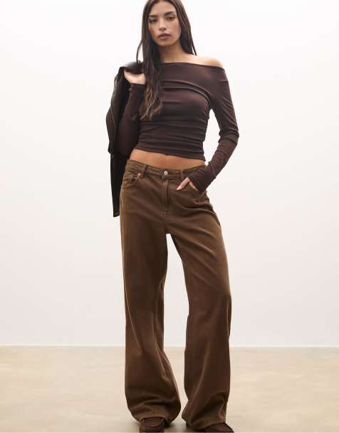 Stradivarius Long sleeve t-shirt with gathering in brown