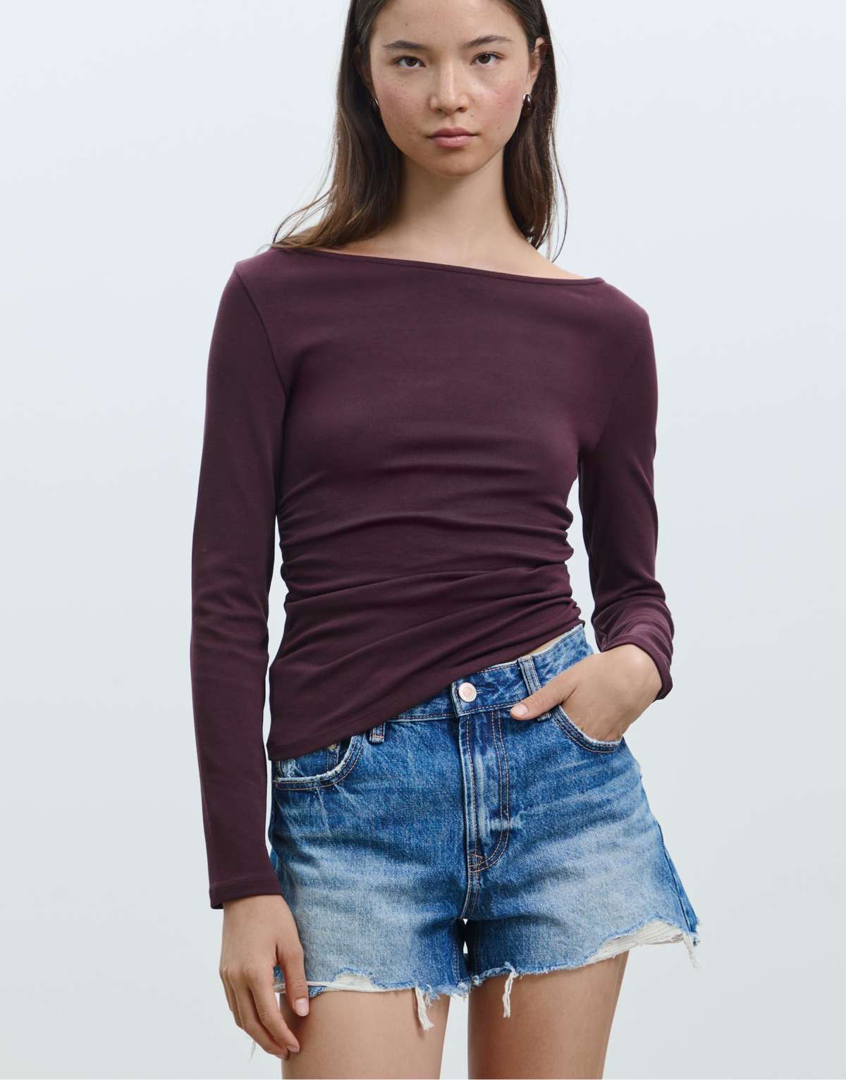 Stradivarius Long sleeve t-shirt with gathering in purple
