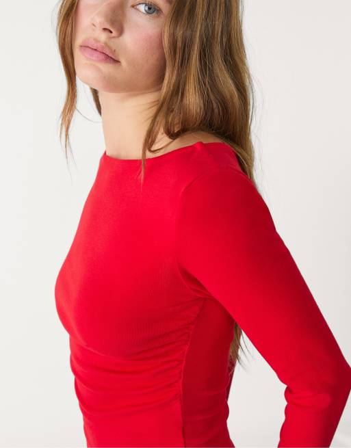 Stradivarius Long sleeve t-shirt with gathering in red, 2 of 4
