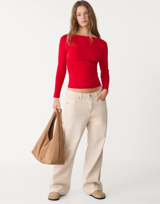 Stradivarius Long sleeve t-shirt with gathering in red, 4 of 4
