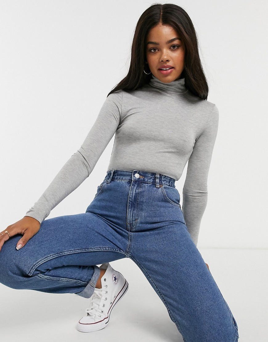 Stradivarius long sleeve top with high neck in gray-Grey