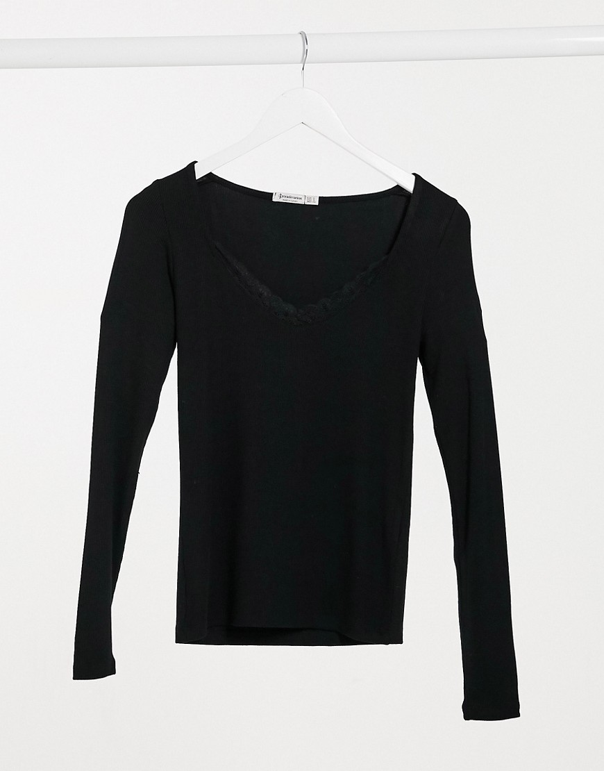 Stradivarius long sleeve top with lace trim in black