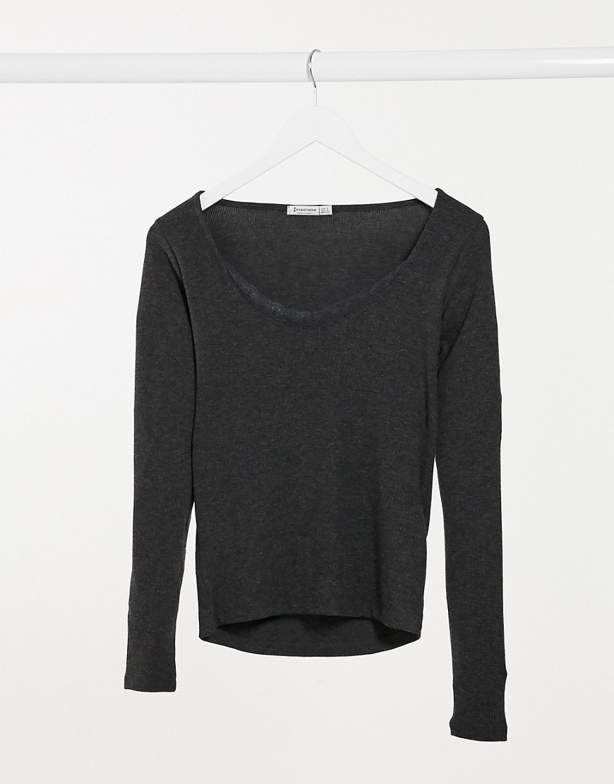 Stradivarius long sleeve top with lace trim in gray-Grey