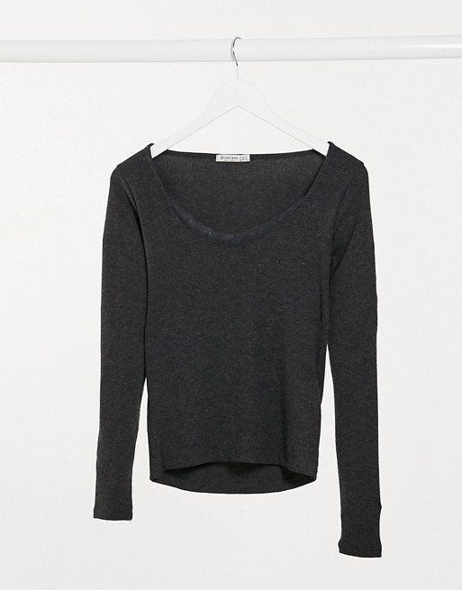 Stradivarius long sleeve top with lace trim in grey