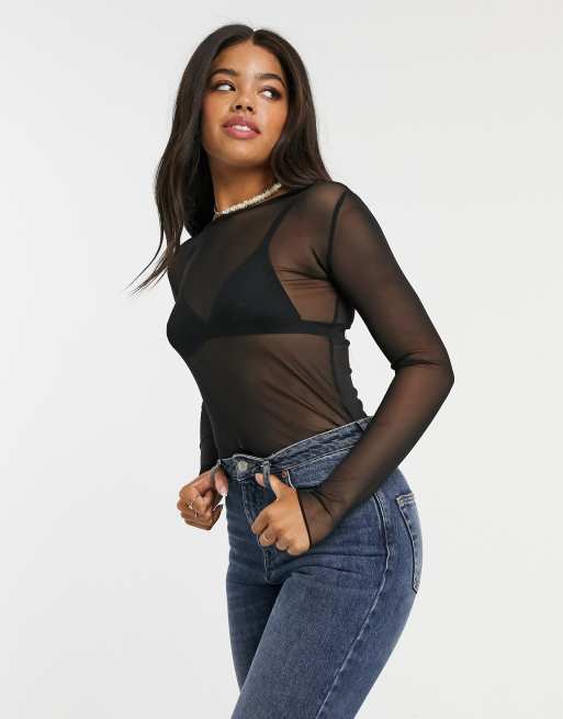 Stradivarius long-sleeved mesh top in black