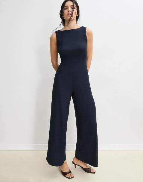 Stradivarius Long sleeveless straight jumpsuit in navy blue - view 1