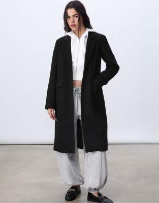 Stradivarius Long Straight Coat In Black