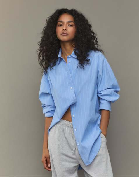 Stradivarius Long striped poplin shirt in sky blue - view 1