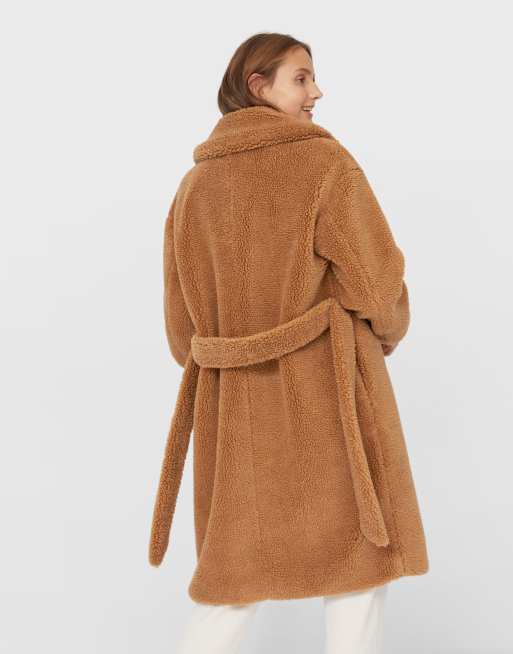 Stradivarius long teddy fur jacket with belt in brown