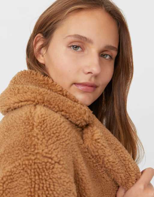 Stradivarius long teddy fur jacket with belt in brown ASOS