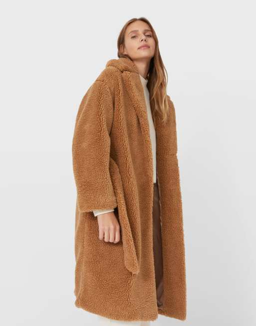 Stradivarius long teddy jacket with belt in brown