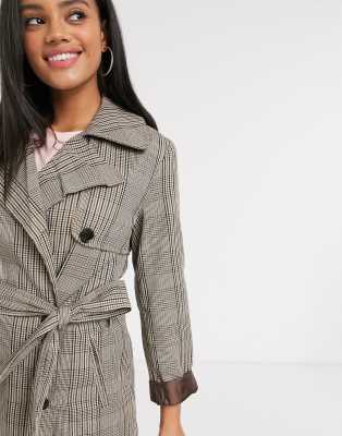 Stradivarius long trench coat in brown checks-Neutral