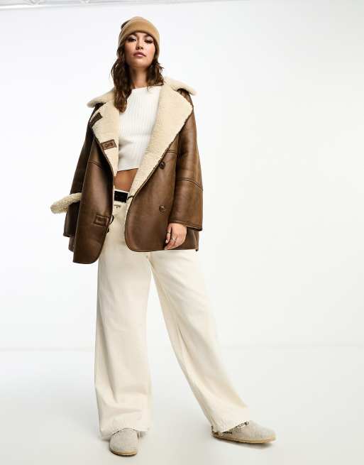 Stradivarius longline aviator jacket with contrast lining in brown, 2 of 4