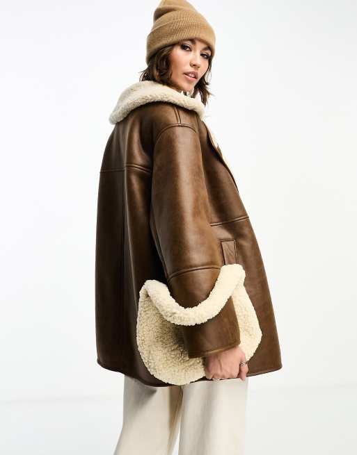 Stradivarius longline aviator jacket with contrast lining in brown, 3 of 4