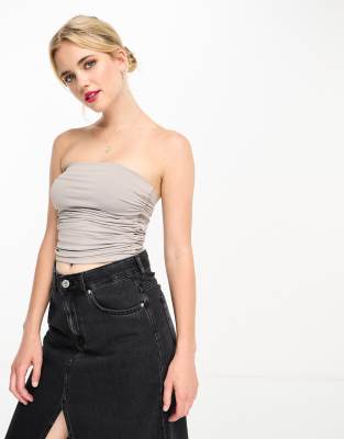 Stradivarius longline bandeau top in taupe-Brown