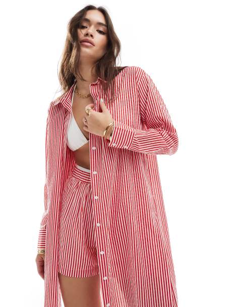 Stradivarius longline beach shirt in red stripe co-ord - view 1