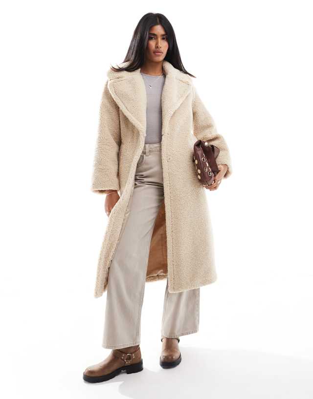 Stradivarius longline borg coat in beige | ASOS
