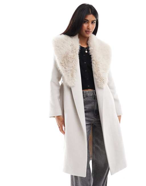 Stradivarius longline coat with faux fur collar detail in ecru, 2 of 4