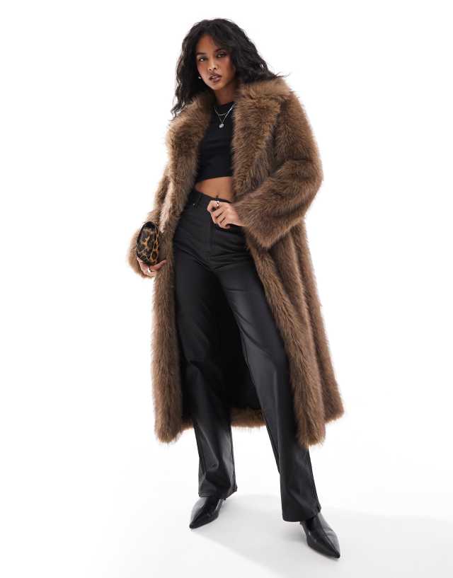 Stradivarius longline faux fur coat in brown | ASOS