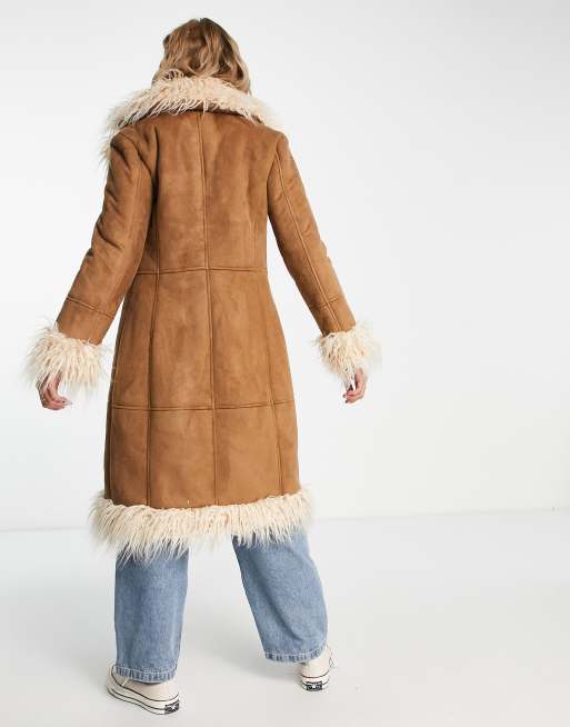 Stradivarius STR faux leather fur trim coat in brown