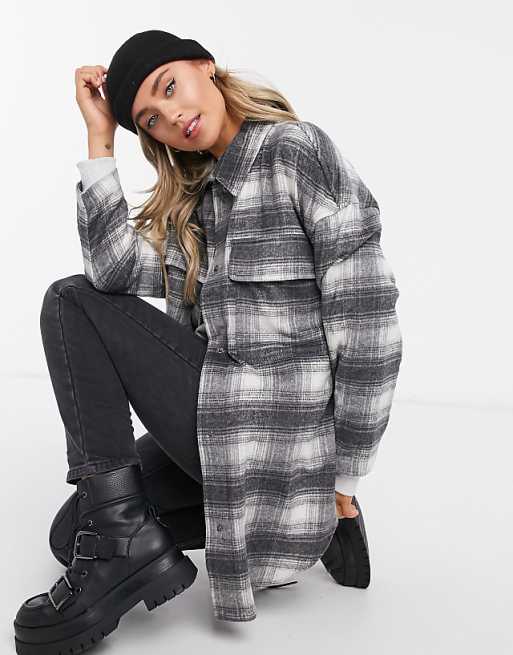 Stradivarius longline overshirt shacket in gray plaid | ASOS