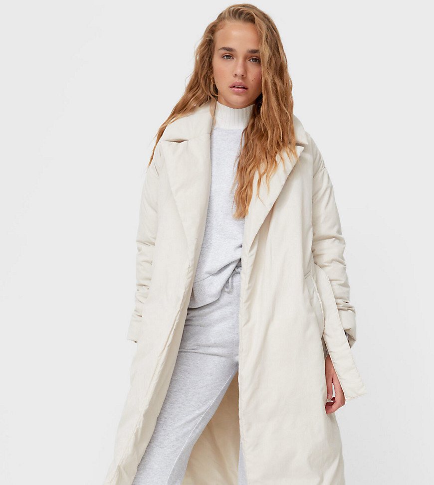 stradivarius longline padded coat with belt in ecru-white