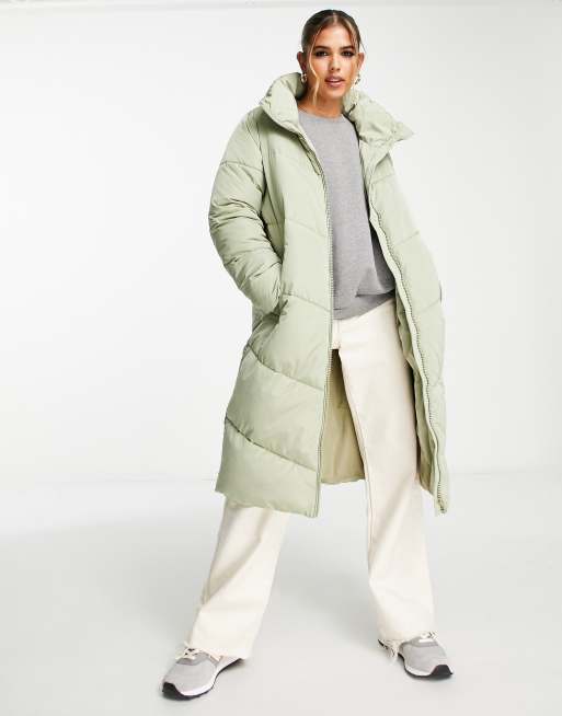 Stradivarius longline puffer coat in sage | ASOS