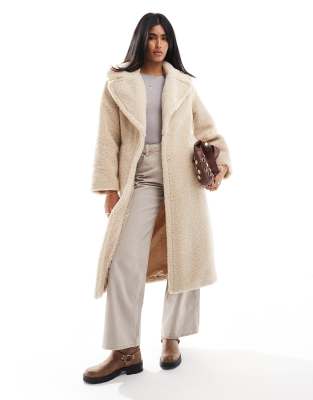 longline teddy coat in beige-Gray