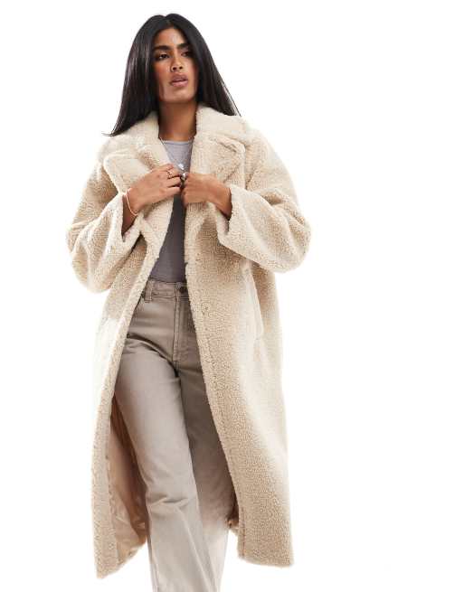 Stradivarius Long Faux Shearling Lined Coat Stone L