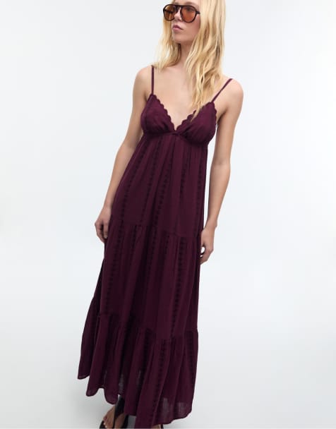 Stradivarius Loose-fitting maxi dress with open back in burgundy - view 1
