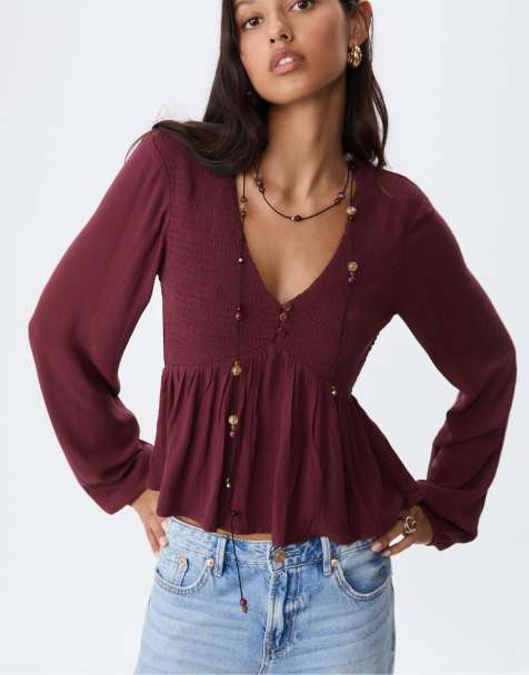 Stradivarius - Losvallende blouse met lange mouwen in paars - view 1