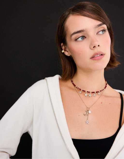 Stradivarius lot de 2 colliers lune et étoile bordeaux, 3 de 4