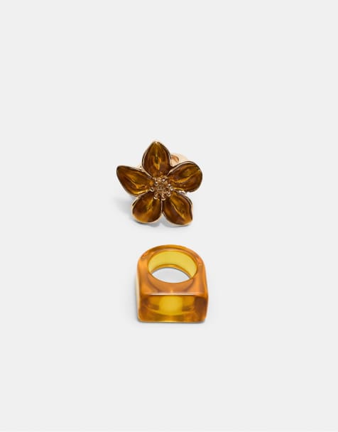 Stradivarius - Lot de 2 bagues à fleur contrastante - Moutarde - view 1