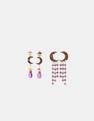 Lot de 2 boucles d'oreilles pendantes avec perles et lune - Dor - Stradivarius - Modalova