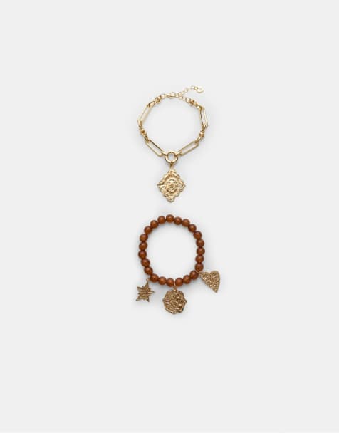 Stradivarius - Lot de 2 bracelets à breloques et perles - Doré - view 1