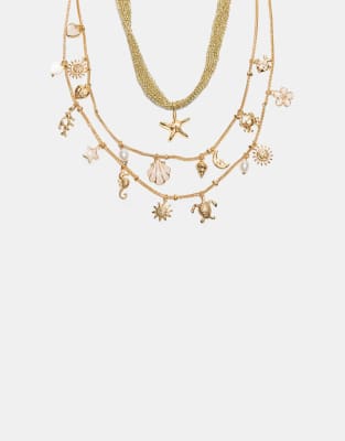 Stradivarius - Lot de 2 colliers à charm marins - Doré-Jaune