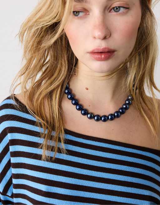 Collier De Perles Bleu Marine – Perles Rondes – Longueur 41-45 Cm – Vintage