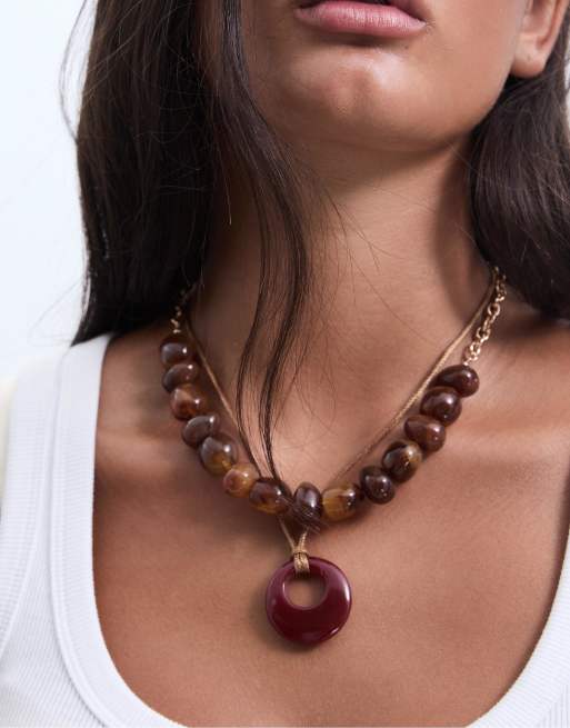 Stradivarius - Lot de 2 colliers en cordon avec perles - Moutarde