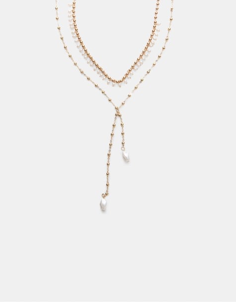 Stradivarius - Lot de 2 colliers style lasso en perles fantaisie - Doré - view 1