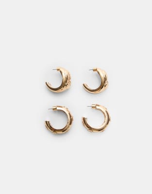 Lot de 2 paires de boucles d'oreilles  dtails fleurs - Dor - Stradivarius - Modalova