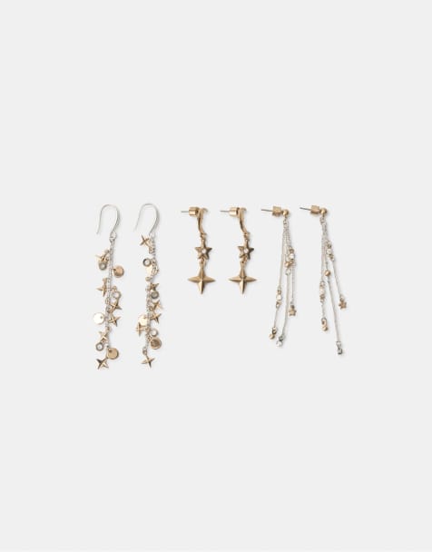 Stradivarius lot de 3 boucles d'oreilles assorties lune et étoile dorées - view 1
