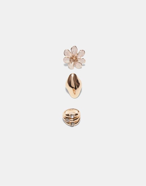Stradivarius - Lot de 3 bagues fleurs en émail - Doré - view 1
