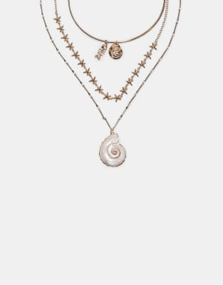 Stradivarius - Lot de 3 colliers à charm coquillages - Doré-Jaune
