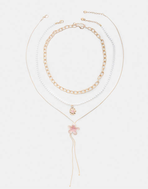Stradivarius - Lot de 3 colliers en émail avec fleur - Doré - view 1